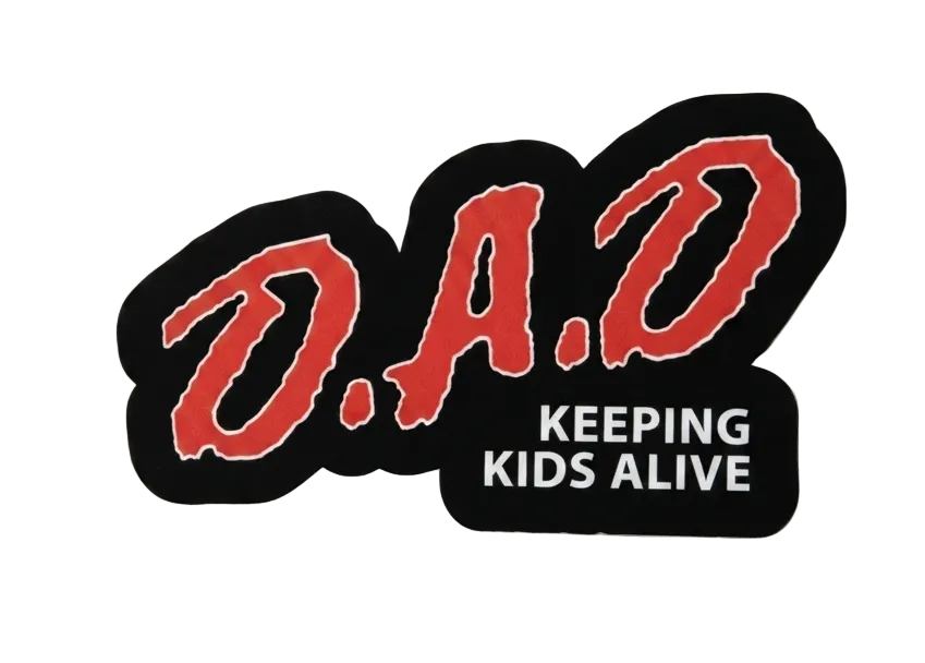 A black and red embroidered patch with the text 'D.A.D Keeping Kids Alive"