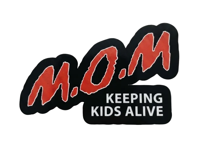 A die-cut vinyl sticker featuring the text 'M.O.M Keeping Kids Alive"