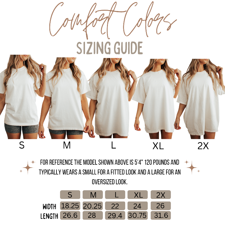 A sizing guide graphic for an oversized Comfort Colors T-shirt, showing five female models from the waist up wearing sizes S through 2X. The graphic includes text explaining that the model is 5'4" and 120 pounds and wears a small for fitted and large for oversized.