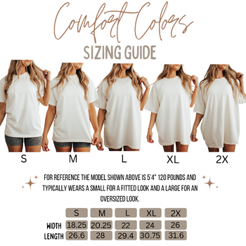 A sizing guide graphic for an oversized Comfort Colors T-shirt, showing five female models from the waist up wearing sizes S through 2X. The graphic includes text explaining that the model is 5'4" and 120 pounds and wears a small for fitted and large for oversized.